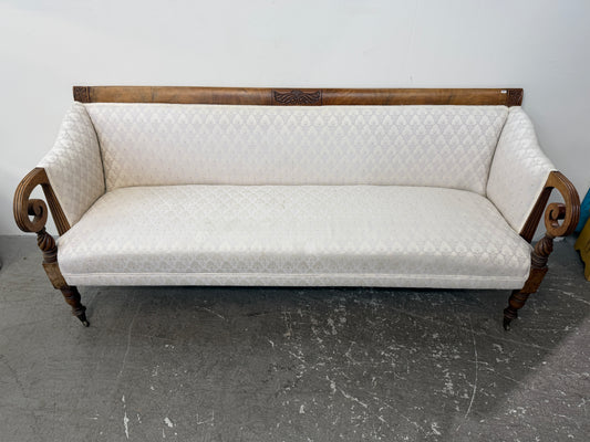 Regency Style Scroll Arm Settee in Ivory Damask #2664