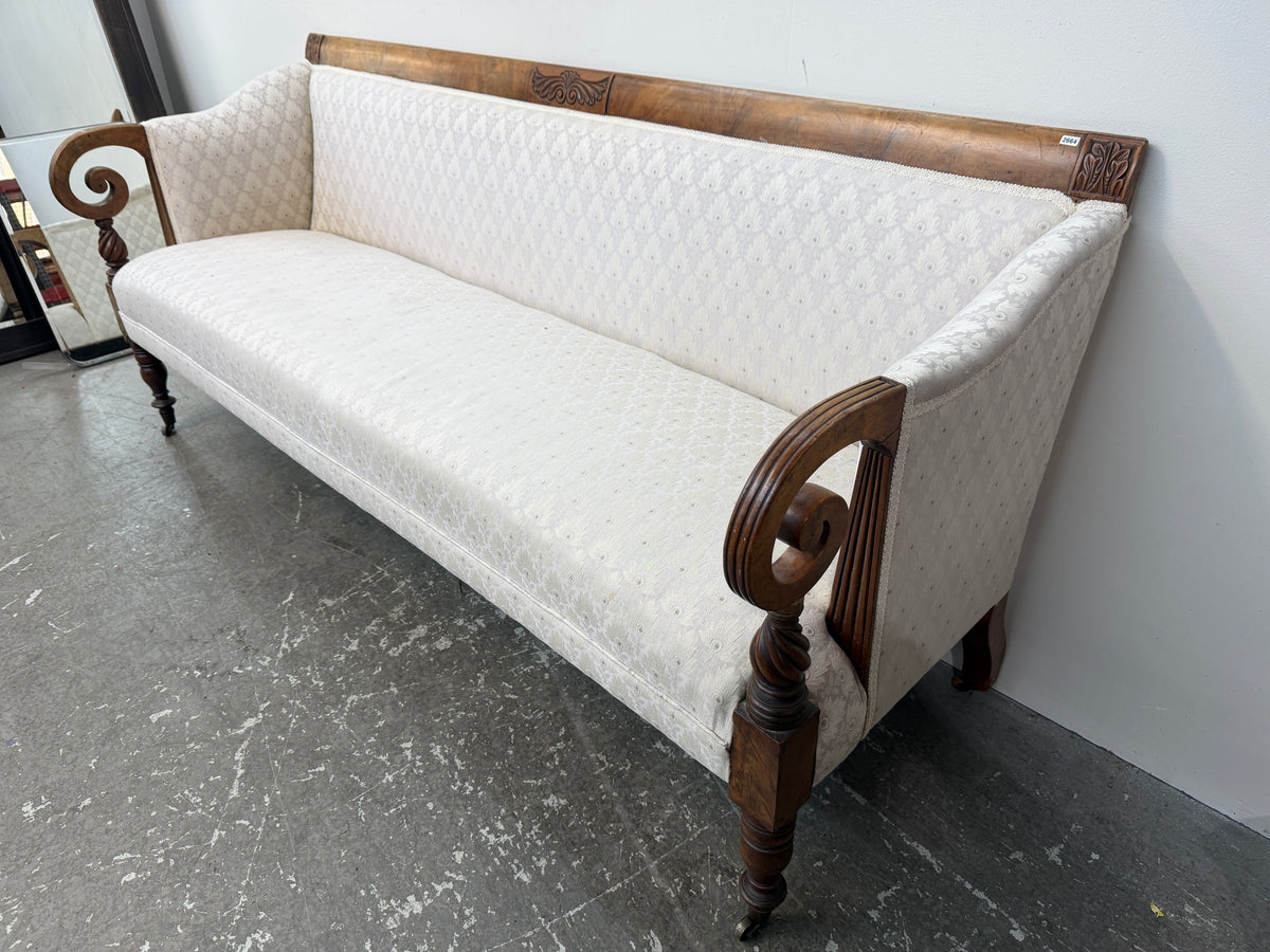 Regency Style Scroll Arm Settee in Ivory Damask #2664