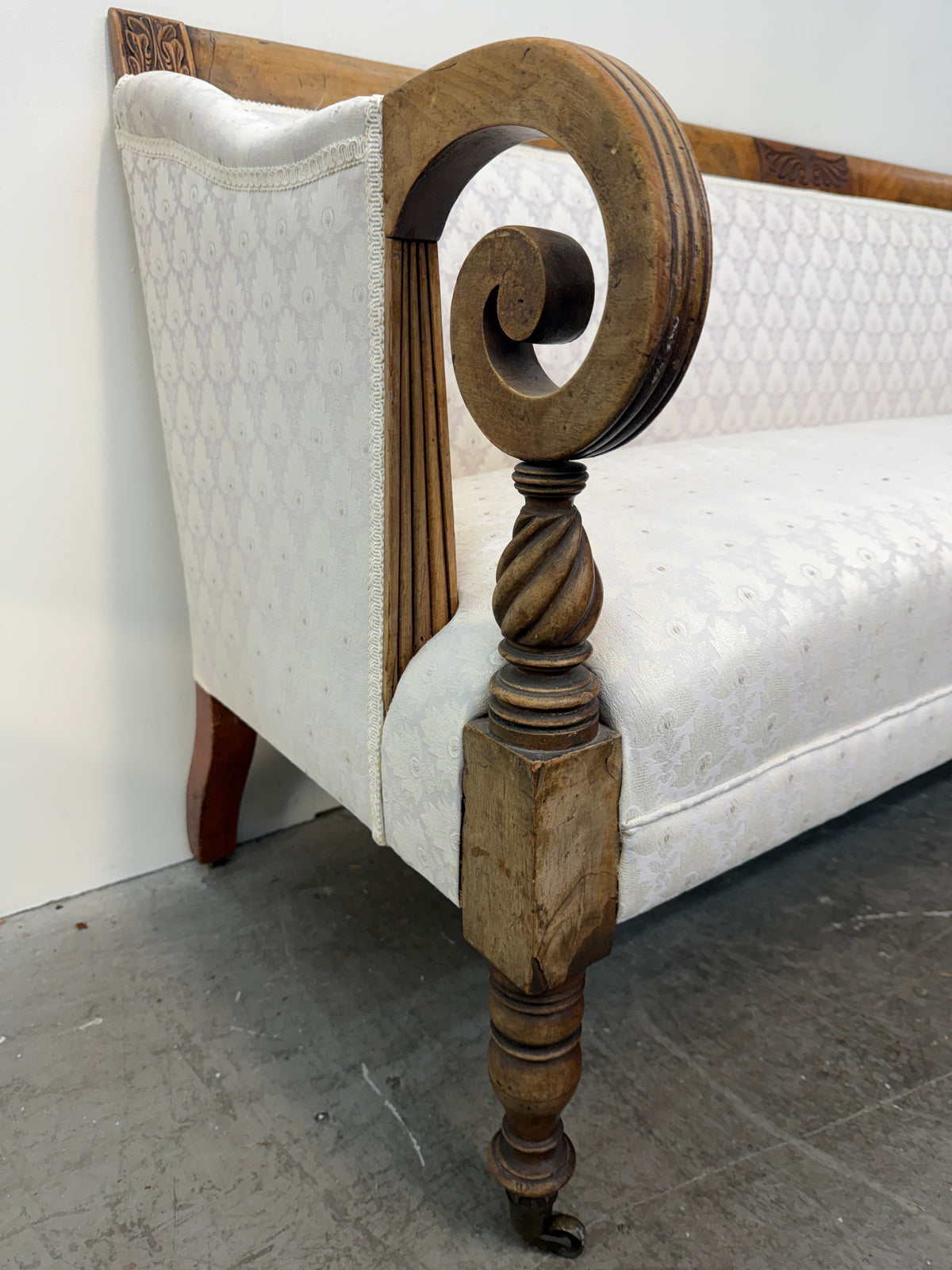 Regency Style Scroll Arm Settee in Ivory Damask #2664