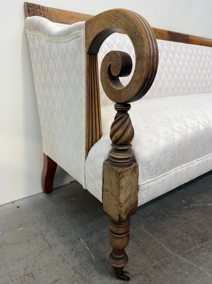 Regency Style Scroll Arm Settee in Ivory Damask #2664