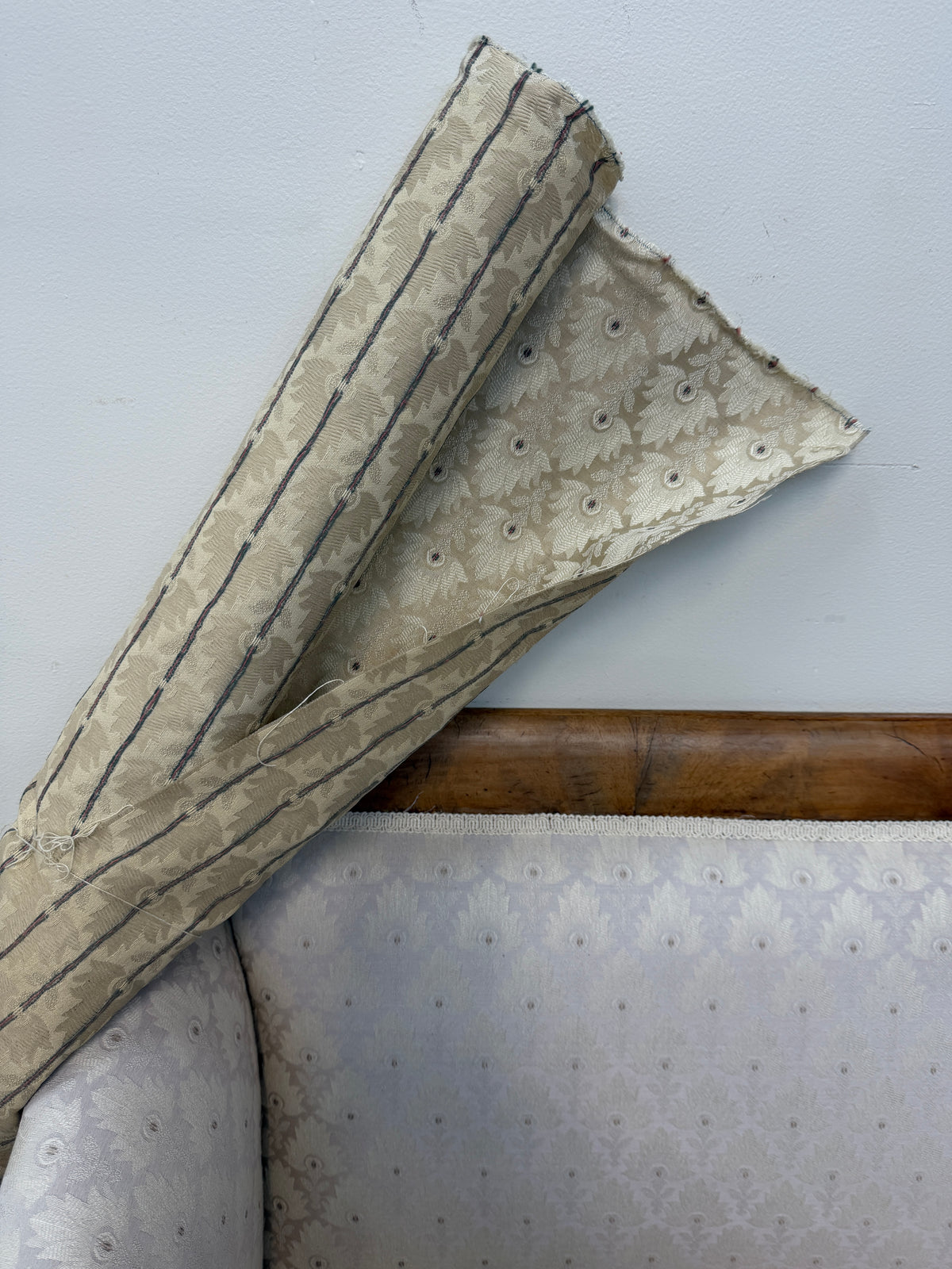 Regency Style Scroll Arm Settee in Ivory Damask #2664