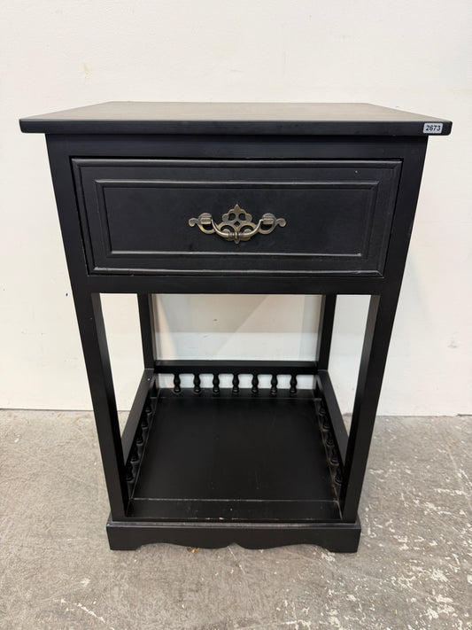 Black Wood Nightstand with Drawer and Spindle Gallery Shelf #2673
