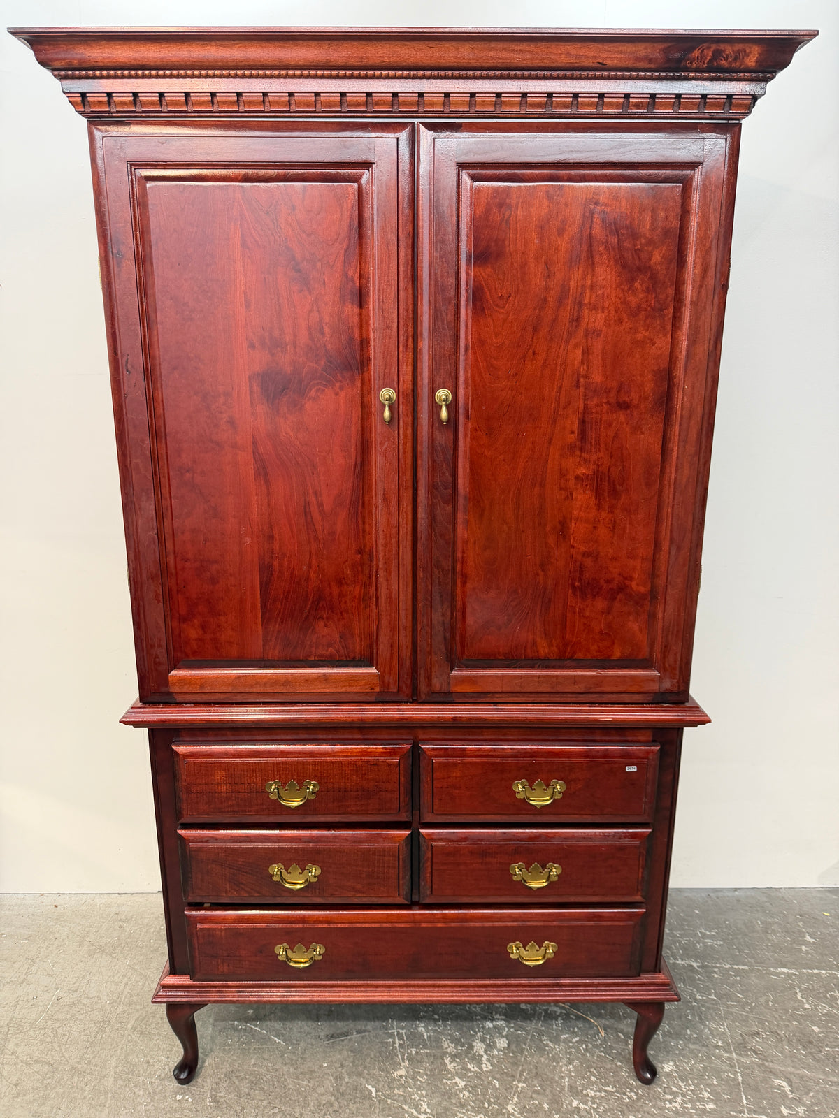Cherry Finish Queen Anne Armoire with Dentil Crown and Five Drawers #2674