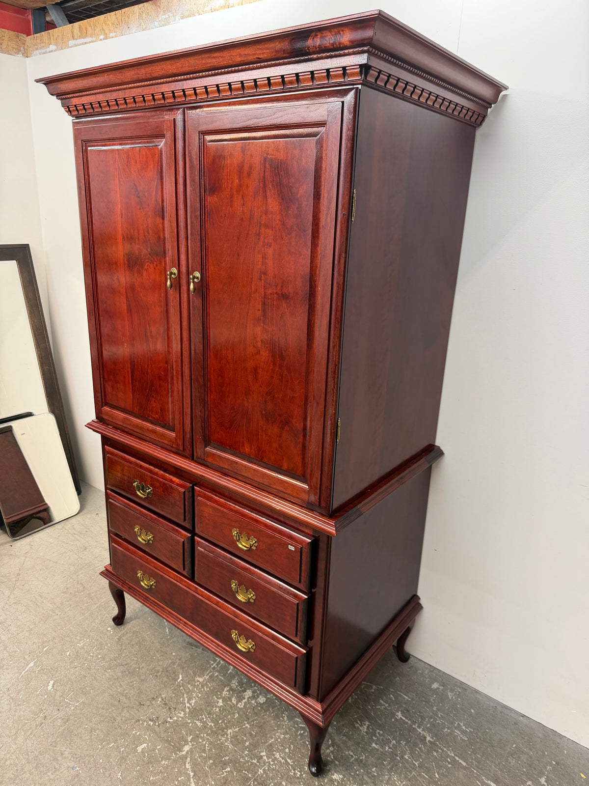 Cherry Finish Queen Anne Armoire with Dentil Crown and Five Drawers #2674