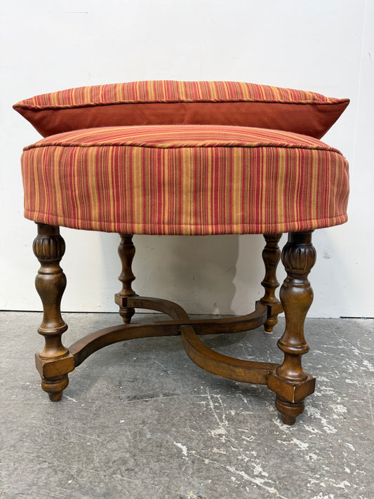 Striped Round Upholstered Ottoman with Turned Wood Legs #2675