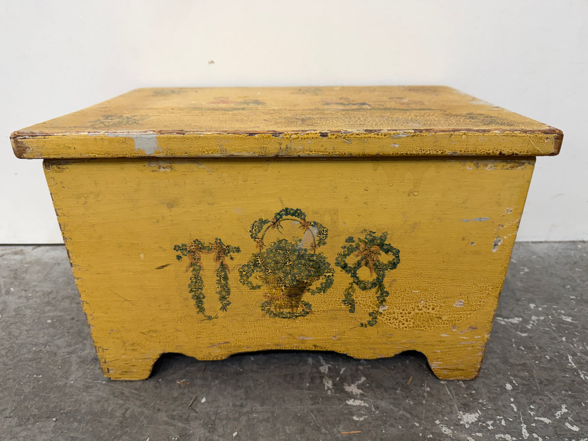Vintage Yellow Painted Wood Toy Chest with Decoupage #2677