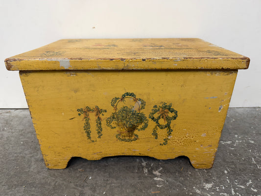 Vintage Yellow Painted Wood Toy Chest with Decoupage #2677