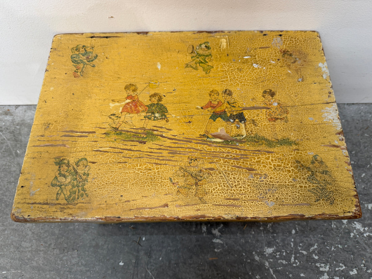 Vintage Yellow Painted Wood Toy Chest with Decoupage #2677