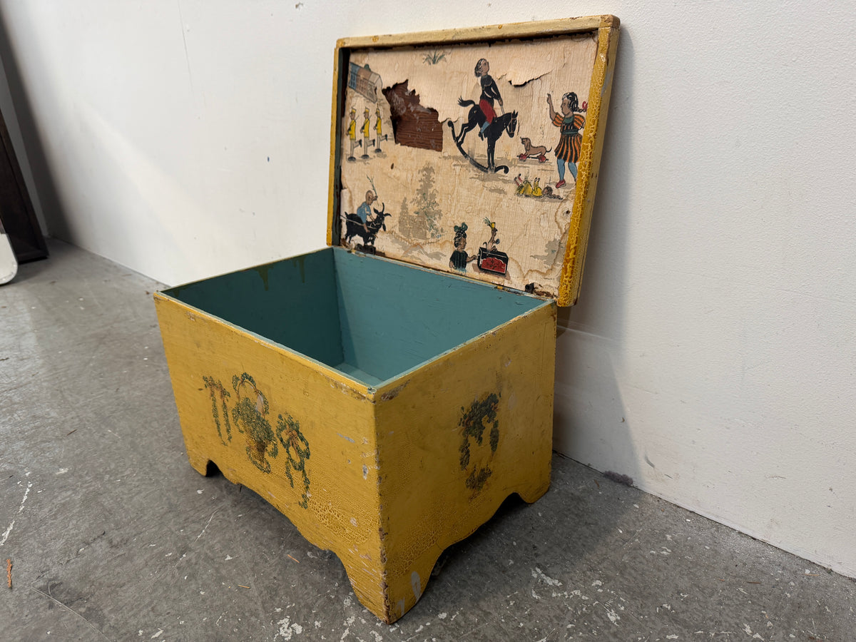 Vintage Yellow Painted Wood Toy Chest with Decoupage #2677