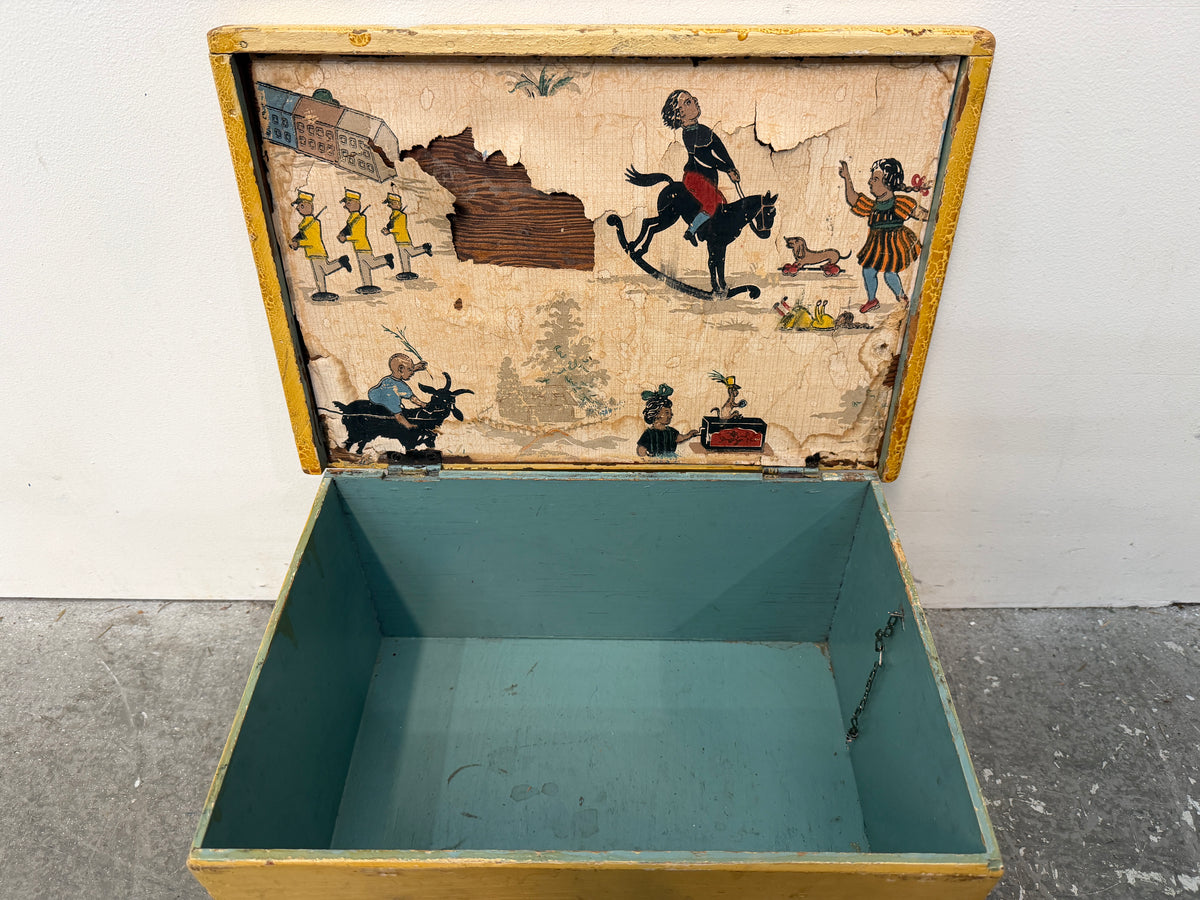 Vintage Yellow Painted Wood Toy Chest with Decoupage #2677