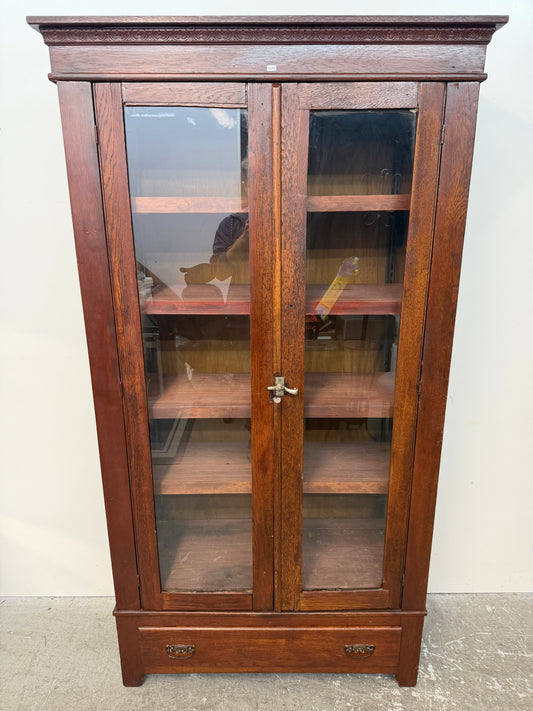Antique Oak Two-Door Glass Bookcase with Carved Cornice #2682