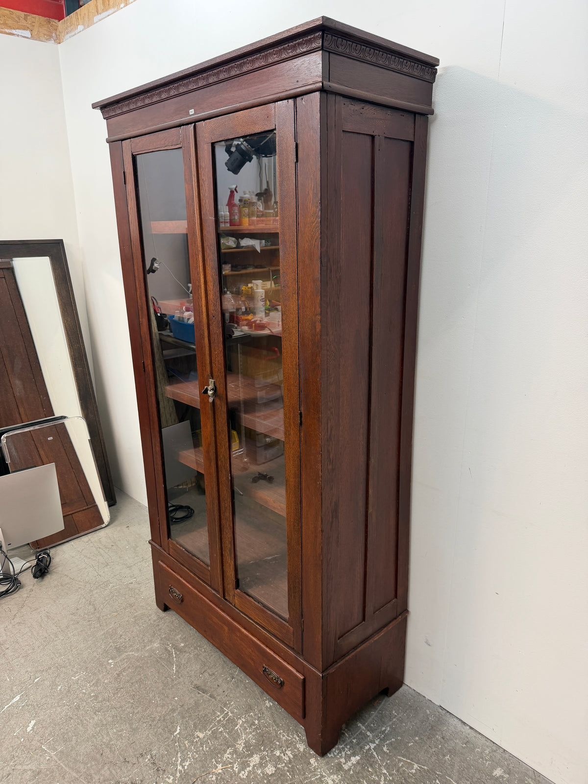 Antique Oak Two-Door Glass Bookcase with Carved Cornice #2682