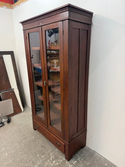 Antique Oak Two-Door Glass Bookcase with Carved Cornice #2682