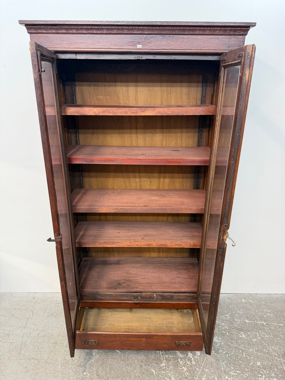 Antique Oak Two-Door Glass Bookcase with Carved Cornice #2682