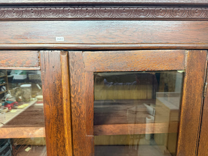 Antique Oak Two-Door Glass Bookcase with Carved Cornice #2682